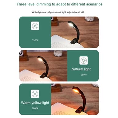 Clip-On Book Light Kolmen kirjavalaisimen kirkkaus Säädettävä lukuvalo