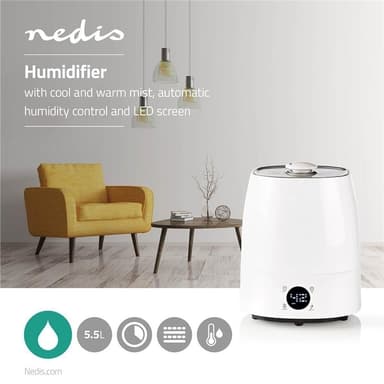 Nedis Ilmankostutin | 110 W | Viileällä ja lämpimällä usvalla | 5.5 l | Kosteusmittari | Ajastin | Sopii enintään tilalle: 50 m² | Harmaa / Valkoinen