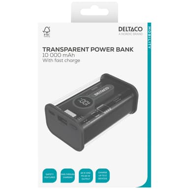 Deltaco Transparent virtapankki pikalatauksella 10 000 mAh