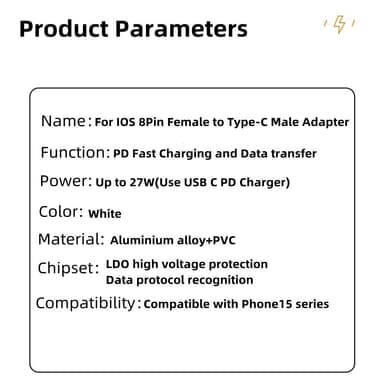 Yhteensopiva iPhone 15 -sarjan 8-nastaisen naaras-C-tyypin urossovittimen 27 W PD
