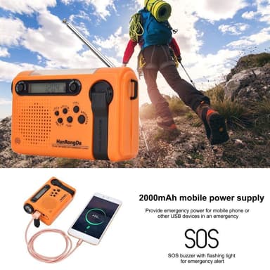 Hätäradio LED-taskulamppu 2000mAh akku Käsikampi Solar