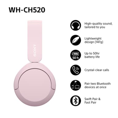Sony WH-CH520 langattomat on-ear kuulokkeet (vaaleanpunainen)