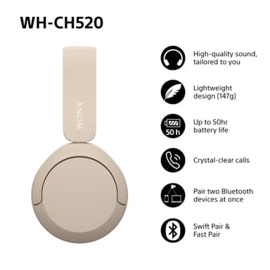 Sony WH-CH520 langattomat on-ear kuulokkeet (beige)