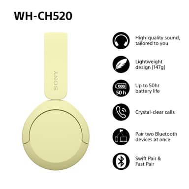Sony WH-CH520 langattomat on-ear kuulokkeet (keltainen)