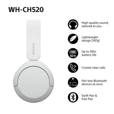Sony WH-CH520 langattomat on-ear kuulokkeet (valkoinen)
