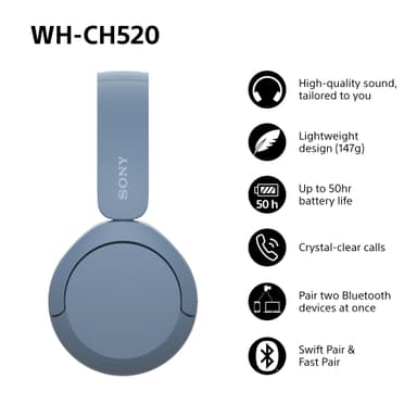 Sony WH-CH520 langattomat on-ear kuulokkeet (sininen)