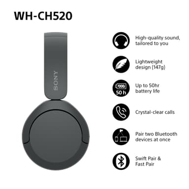 Sony WH-CH520 langattomat on-ear kuulokkeet (musta)