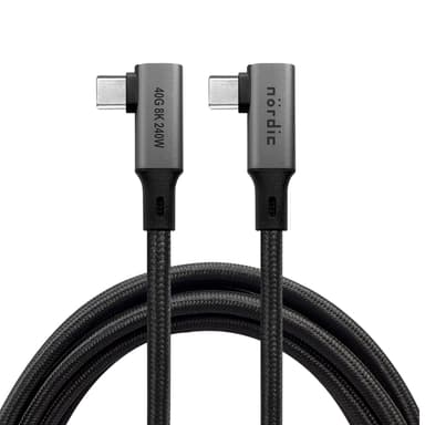 NÖRDIC kulmikas 50 cm USB4 USB-C - C nylon punottu kaapeli PD3.1 240W 40G 8K60Hz 4K144Hz harmaa