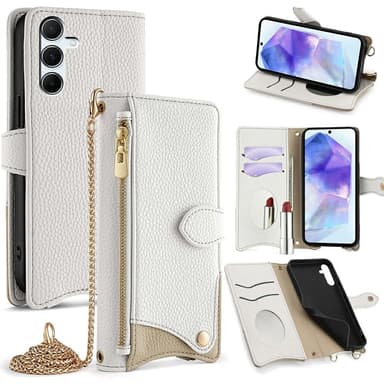 SKALO Samsung A26 5G Litchi Makeup Mirror Chain Lompakkokotelo - Valkoinen