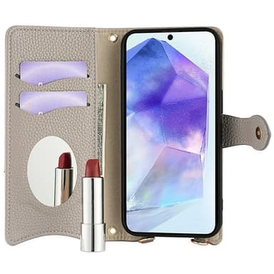 SKALO Samsung A26 5G Litchi Makeup Mirror Chain Lompakkokotelo - Harmaa