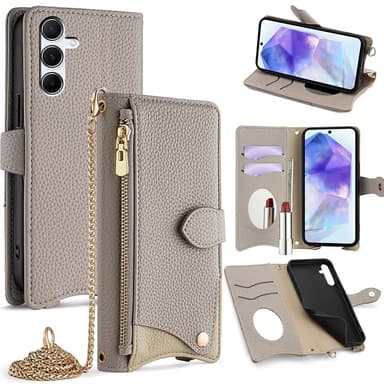 SKALO Samsung A26 5G Litchi Makeup Mirror Chain Lompakkokotelo - Harmaa