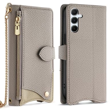 SKALO Samsung A26 5G Litchi Makeup Mirror Chain Lompakkokotelo - Harmaa