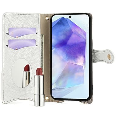 SKALO Samsung A36 5G Litchi Makeup Mirror Chain Lompakkokotelo - Valkoinen