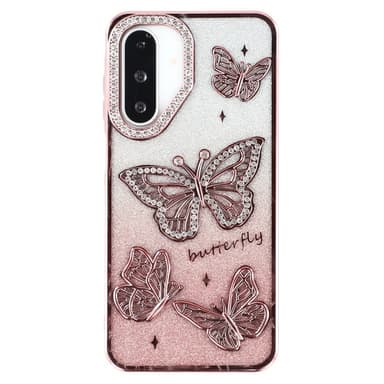 SKALO Samsung A26 5G Butterfly Rhinestones Suojakuori - Pinkki