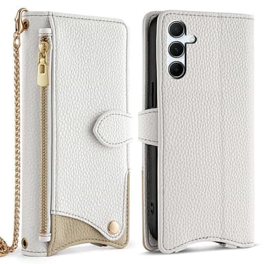 SKALO Samsung A36 5G Litchi Makeup Mirror Chain Lompakkokotelo - Valkoinen