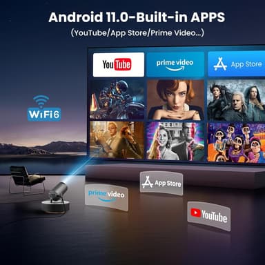 NÖRDIC Mini Portable Projector 4K 1080P Full HD -tuki Android 11 & Netflix – WiFi 6, BT 5.0, 180° kierto, kotiteatteriprojektori