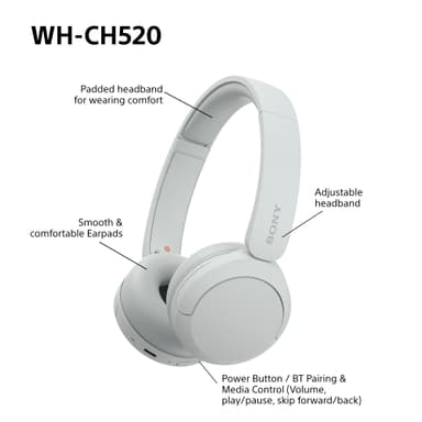 Sony WH-CH520 langattomat on-ear kuulokkeet (valkoinen)