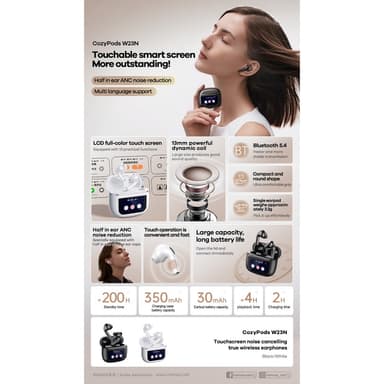 REMAX Cozypods True Wireless Earbuds -kosketusnäyttö ANC melua vaimentavat Bluetooth-kuulokkeet - Musta