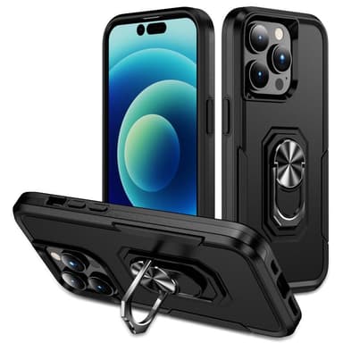 iPhone 14 Pro Max iskunkestävä TPU+PC Kickstand Puhelinkotelo Autoon kiinnitettävä metallilevy - musta
