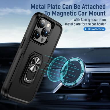 iPhone 14 Pro Max iskunkestävä TPU+PC Kickstand Puhelinkotelo Autoon kiinnitettävä metallilevy - musta
