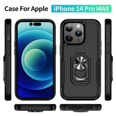 iPhone 14 Pro Max iskunkestävä TPU+PC Kickstand Puhelinkotelo Autoon kiinnitettävä metallilevy - musta