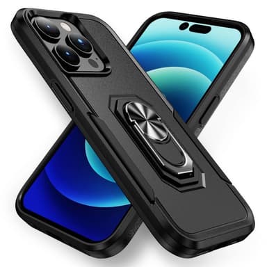 iPhone 14 Pro Max iskunkestävä TPU+PC Kickstand Puhelinkotelo Autoon kiinnitettävä metallilevy - musta