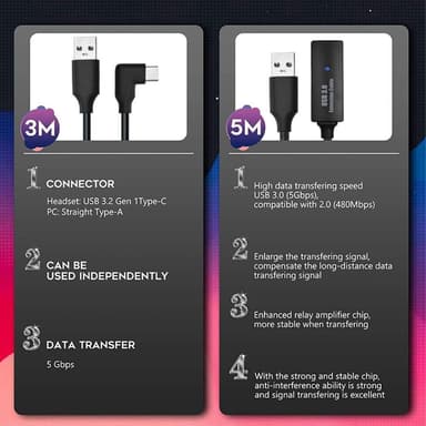 VR Oculus Quest 8m USB 3.0 -kaapeli USB C - nopea tiedonsiirto