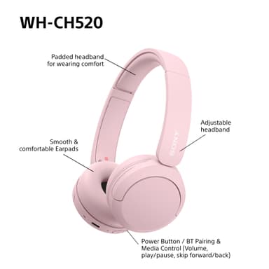 Sony WH-CH520 langattomat on-ear kuulokkeet (vaaleanpunainen)