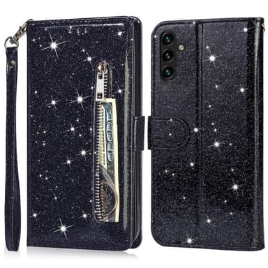 Samsung Galaxy A56 5G Taittuva Glitter-Suojakotelo Vetoketjutaskulla – Black