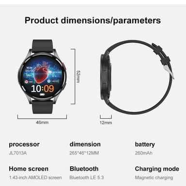 1,43 tuuman AMOLED-näytöllinen Älykello – EKG, Syke, Bluetooth-puhelut – Musta