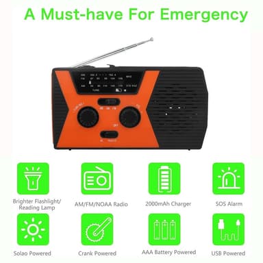 Solar Weather Broadcast NOAA/AM/FM-radio käsikammen kuulokeliitännän lukuvalolla 2000mAh virtapankki