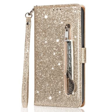 Samsung Galaxy A56 5G Taittuva Glitter-Suojakotelo Vetoketjutaskulla – Gold