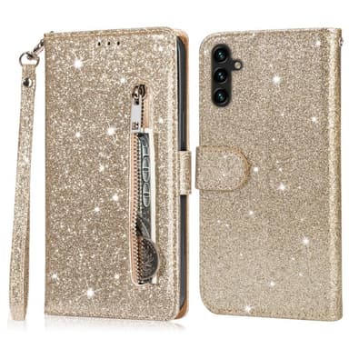 Samsung Galaxy A56 5G Taittuva Glitter-Suojakotelo Vetoketjutaskulla – Gold