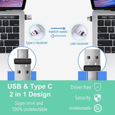 2 in 1 USB USB-C Mouse Jiggler Mouse Mover ilman ajureita pitää tietokoneen aktiivisena