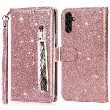 Samsung Galaxy A56 5G Taittuva Glitter-Suojakotelo Vetoketjutaskulla – Rose Gold