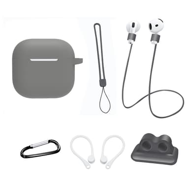 AirPods 4 6 in 1 -tarvikkeet kotelo hihnapidike korvakoukut kaulahihna avainrengas - Harmaa