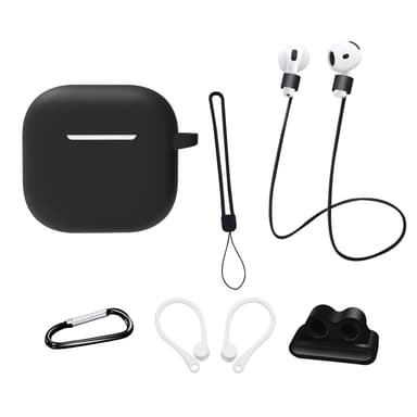 AirPods 4 6 in 1 -tarvikkeet kotelo hihnapidike korvakoukut kaulahihna avainrengas - Musta