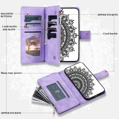 Samsung Galaxy A56 -lompakkokotelon kuoren kuoren Mandala-kukkakuvio - Violetti