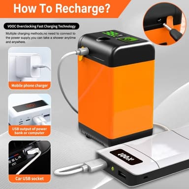 7800 mAh retkeilysuihku älykkäällä lämpötilan valvonnalla + 3 suihkutilaa