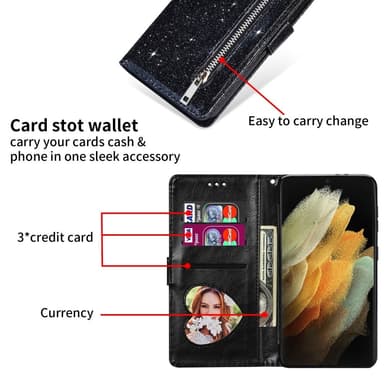 Samsung Galaxy S25 UltraTaittuva Glitter-Suojakotelo Vetoketjutaskulla