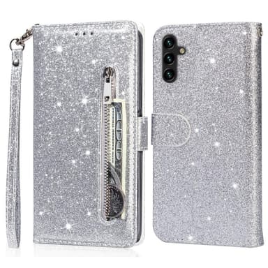 Samsung Galaxy A56 5G Taittuva Glitter-Suojakotelo Vetoketjutaskulla – Hopea