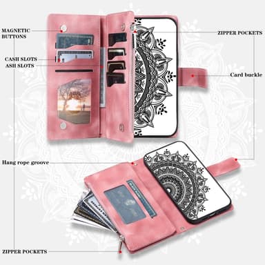 Samsung Galaxy A56 -lompakkokotelon kuoren kuoren Mandala-kukkakuvio - Rose Gold