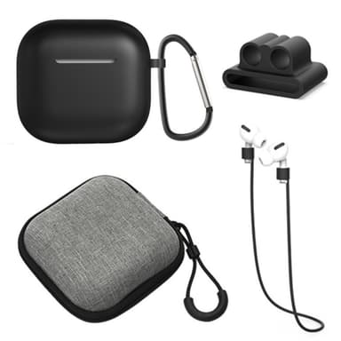 AirPods 4 5 kpl Lisävarusteet Kotelo Säilytyslaatikko Kaulahihna Kuulokepidike Avaimenperä - Musta