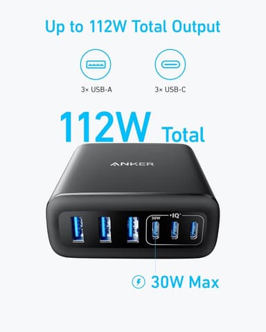 Anker USB-C ja USB-A laturi, 112W Max 6-porttinen latausasema