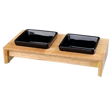 Kulhosetti, keraaminen/puu, 2 × 0,2 l/10 cm/28 × 5 × 15 cm, kulhot: musta, Trixie