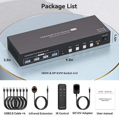 NÖRDIC KVM 4x2 Kytkin 4PC kahdelle näytölle HDMI & DP 8K60Hz, 1x3.5mm ja 4xUSB-A