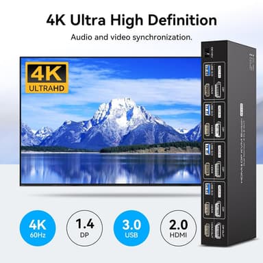 NÖRDIC KVM 4x2 Kytkin 4PC kahdelle näytölle HDMI & DP 8K60Hz, 1x3.5mm ja 4xUSB-A