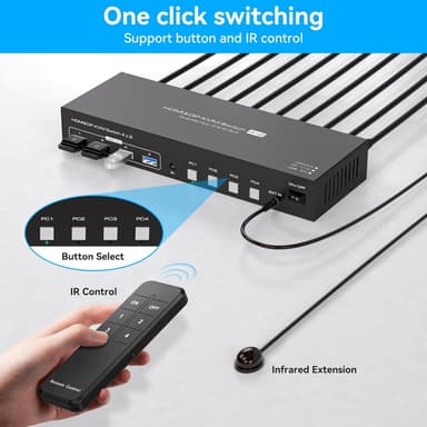 NÖRDIC KVM 4x2 Kytkin 4PC kahdelle näytölle HDMI & DP 8K60Hz, 1x3.5mm ja 4xUSB-A