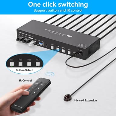 NÖRDIC KVM 4x2 HDMI-kytkin 4PC kahdelle näytölle HDMI 8K60Hz, 1x3.5 mm ja 4xUSB-A