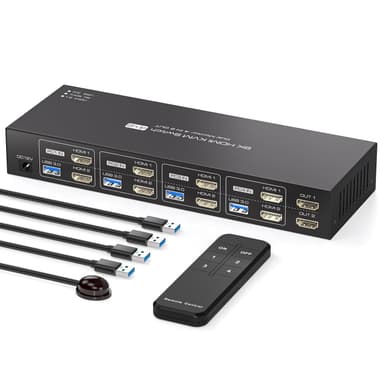 NÖRDIC KVM 4x2 HDMI-kytkin 4PC kahdelle näytölle HDMI 8K60Hz, 1x3.5 mm ja 4xUSB-A